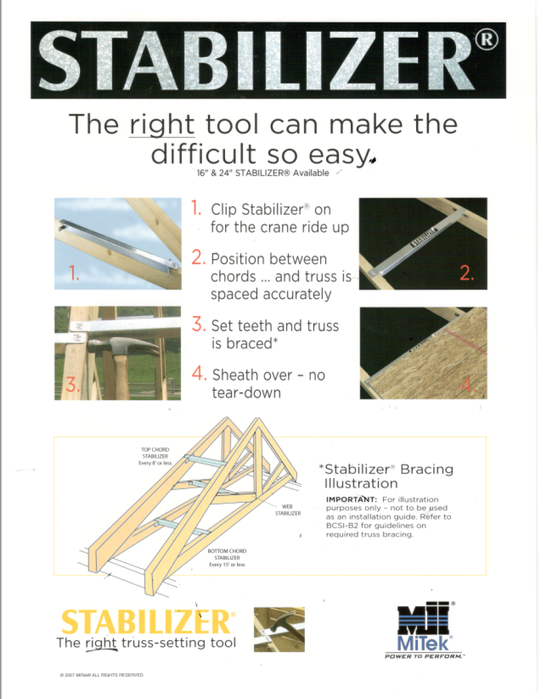 Stabilizers, sold by Lampasas Building Components manufacturer of roof and floor trusses. Based in Lampasas, Texas